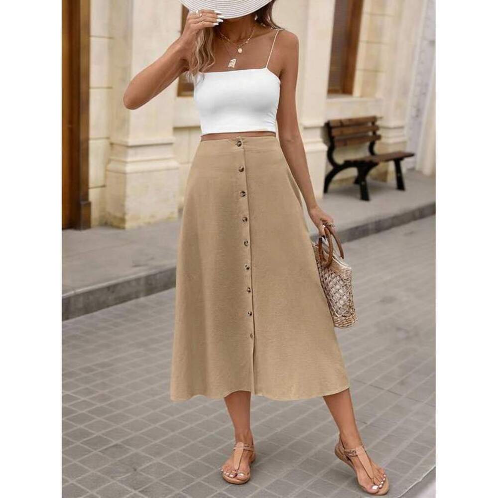 VCAY Solid Color High Waist Single-Breasted A-Line Midi Sk - Picture 6 of 6
